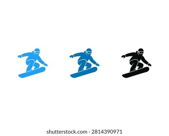 A set of three minimalist snowboarder icons showing an athlete in mid air jump position wearing winter gear and goggles in blue and black variations