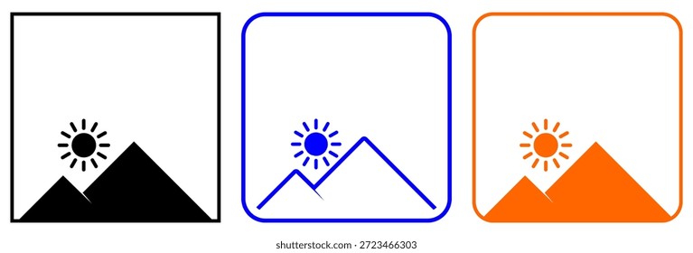 ​ Satz von drei minimalistischen quadratischen Galeriesymbolen mit Bergen und einer Sonne, präsentiert in schwarzen, blauen und orangefarbenen Farben