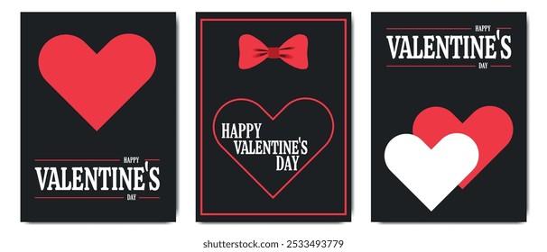 Set of three minimalist Valentine's day cards with red and white hearts and black background for celebration