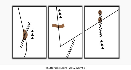 Conjunto de tres arte minimalista de la pared. Decoración de la pared de la bauhaus de mediados de siglo, fondo de póster de Vector.