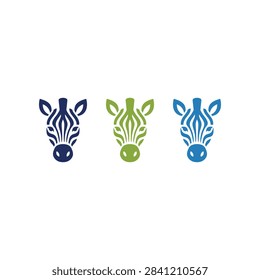 A set of three minimalist zebra head illustrations featuring unique stripe patterns in navy blue green and light blue colors on a plain background