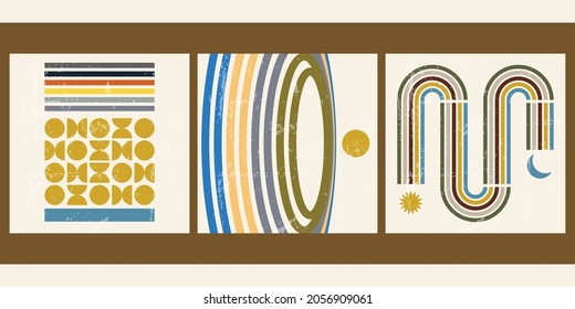 Set of three minimalistic abstract aesthetic backgrounds with sun, Boho rainbow, waves, dots, thin lines, circles. Trendy colorful vector illustration for social media, web design in vintage style. 