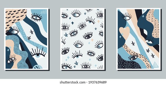 A set of three minimalistic bright posters. Abstract backgrounds for social networks, web design, interiors. Vintage funny illustrations with different shapes, eyes, eyelashes, doodles, dots, dashes.