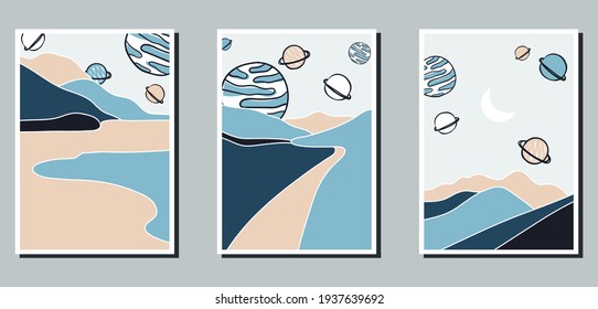 Un conjunto de tres afiches minimalistas brillantes. Antecedentes abstractos de redes sociales, diseño web, interiores. Ilustraciones divertidas vintage con planetas, arrecifes, paisajes, montañas, campos, desiertos.
