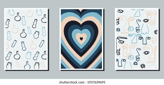 A set of three minimalistic bright posters. Abstract backgrounds for social networks, web design, interiors. Vintage funny illustrations with different shapes, vases, lines, faces, hearts, stripes.
