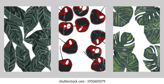 Set of three minimalistic green posters. Backgrounds for social networks, web design, interiors. Vintage floral cute illustrations with different leaves, tropical plants, houseplants, sweet cherry.