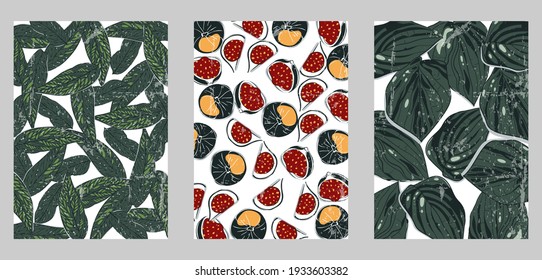 Conjunto de tres afiches verdes minimalistas. Antecedentes de redes sociales, diseño web, interiores. Ilustraciones lindas de flores de época con hojas diferentes, plantas tropicales, plantas de hogar, higos.