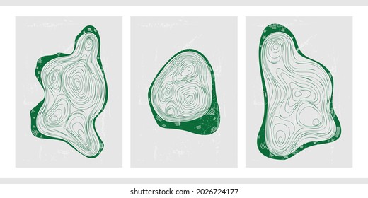 A set of three minimalistic illustrations with thin lines, strokes. Vintage abstract poster with a piece of log. Natural green background with wood texture. Protecting the forest from deforestation.