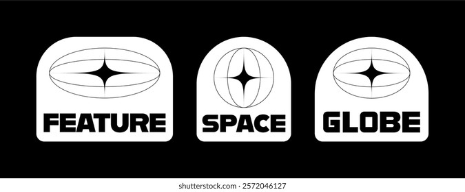 Set of three minimalistic logo designs with World globe grids in oval form with stars shapes. Badges design with retro futuristic design elements. Vector illustration 