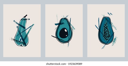 Eine Reihe von drei minimalistischen Plakaten. Hintergründe für soziale Netzwerke, Webdesign, Inneneinrichtung, Decken, Typografie. Vintage Illustrationen mit Pinselstrichen, rauen Elementen, Avocado, Passionfrucht, Birne.