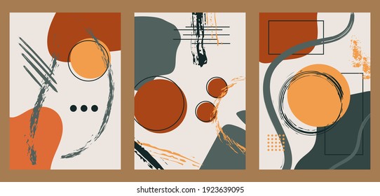Un conjunto de tres afiches minimalistas. Antecedentes de redes sociales, diseño web, interiores, portadas, tipografía. Ilustraciones vintage con trazos de pincel, elementos ásperos, formas geométricas, garabatos.
