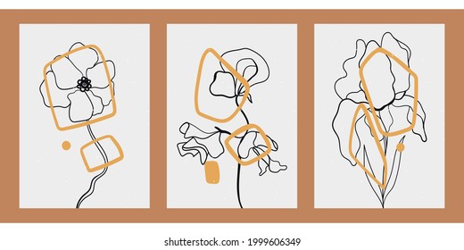 Un conjunto de tres afiches minimalistas. Antecedentes de redes sociales, diseño web, interiores, portadas, tipografía. Ilustraciones vintage con pinceladas, elementos ásperos, higos, fresa, pera, sol.