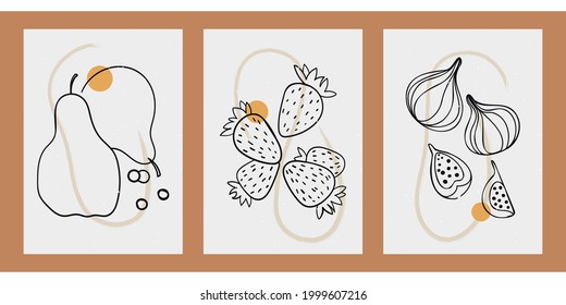 A set of three minimalistic posters. Backgrounds for social networks, web design, interiors, covers, typography. Vintage illustrations with brush strokes, rough elements, sun, pear, strawberry, figs.