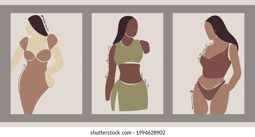 Set of three minimalistic posters with girls. Backgrounds for interiors, social networks, advertising. Drawn silhouettes of young women in different clothes, hairstyles, flowers, curls.