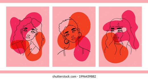 Set of three minimalistic posters with girls. Hand drawn illustration of young women on a background of abstract shapes. Backgrounds for interiors, social networks, advertising. Cartoon cute portraits