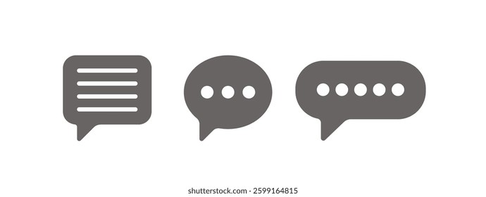 Set of three minimalistic speech bubble icons in dark gray, isolated on white background. Each symbol represents communication, messaging, and conversation with text lines and dots for chat interfaces