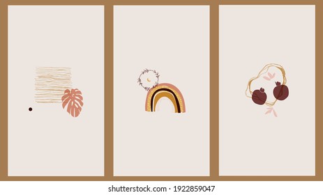 Set of three minimalistic spring pastel posters. Backgrounds for social networks, web design, interiors. Vintage cute illustrations with pencil strokes, leaves, rainbow, pomegranates.