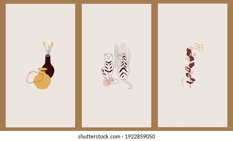 Conjunto de tres afiches de primavera pastel minimalistas. Antecedentes de redes sociales, diseño web, interiores. Ilustraciones lindas vintage con pinzas, plantas, tigres, jarrones.