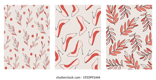 Set of three minimalistic trendy posters. Backgrounds for social networks, web design, interiors. Vintage floral illustrations with different leaves, plants, branches, fashionable shoes.