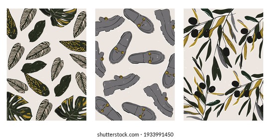 Set of three minimalistic trendy posters. Backgrounds for social networks, web design, interiors. Vintage floral illustrations with different leaves, olive branch, monstera, fashionable shoes.