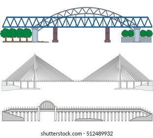 Set of three miscellaneous bridges - railroad bridge, cable-stayed bridge and highway bridge