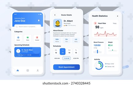 A set of three mobile app user interface screens for a medical platform featuring doctor search, appointment scheduling, and personal health data monitoring.