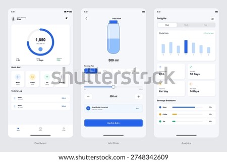 A set of three mobile application screens featuring a hydration tracking interface with a dashboard, drink entry page, and detailed analytics for daily water intake.