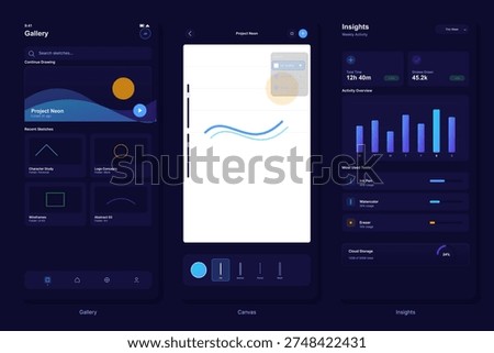 A set of three mobile application user interface screens for a digital drawing app featuring a gallery, a canvas for sketching, and an insights dashboard with activity statistics.