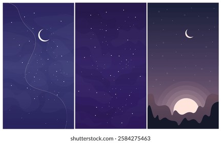 Set Of Three Mobile Phone Abstract Landscape Moon Stars Blue Backdrop Vector Design