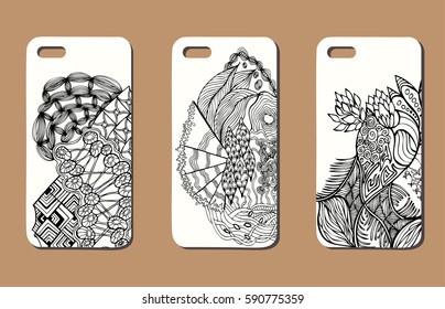 A set of three mobile phone cases. Vector background in zentangle style. Handdrawn elements.