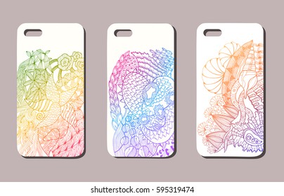 A set of three mobile phone cases. Vector background in zentangle style. Handdrawn elements.