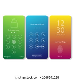 Set of three mobile phone screen loch examples with differend kind of security