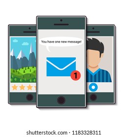Set of three mobile phones. Mobile phone with incoming message, picture rated by five stars and video call. Vector illustration
