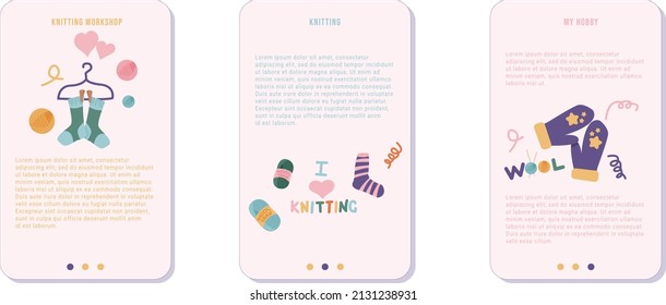Set of three mobile screens for an app. Concept of handmade workshop and leisure time. Advertisement and web banners. Vector illustration