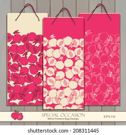 Set of three mock-up Wine Gift Bags on wood texture. Red, white & any wine or spirit present bag design. Eye catching. Vector Editable Seamless Pomegranate pattern is complete masked Pomegranate icon 