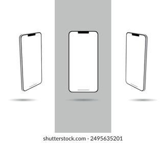 Set of three mockups with modern device. Trendy design phones on white and grey background. Mobile white screens. Realistic 3D models with shadows. Rotate position. Vector illustration.