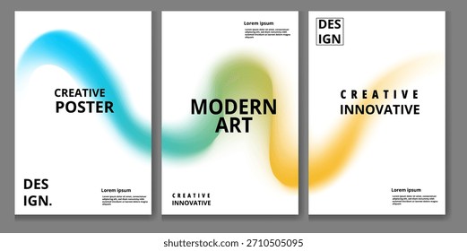 Set von drei modernen abstrakten Kunstplakaten mit unscharfen Farbverlauf-Formen in lebendigen Blau-, Grün- und Orangefarben auf einem sauberen, perfekt für kreatives Design