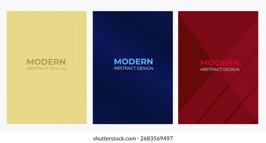 Um conjunto de três desenhos de fundo abstratos modernos com padrões de linhas geométricas e onduladas dinâmicas.