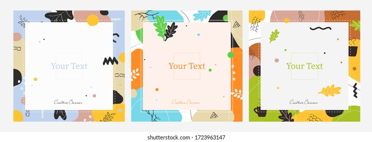 Set of three modern abstract colorful banners with place for text. Hand made doodle colorful geometric vector backgrounds perfect for web and application design, banners, posters, advertising and more