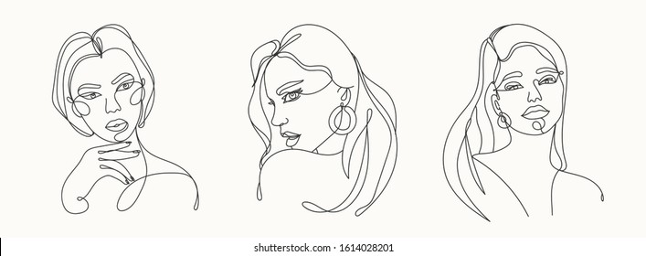 Set of three Modern abstract faces. Contemporary outline female silhouettes. Hand drawn outline trendy vector illustrations. Continuous line, minimalistic concept