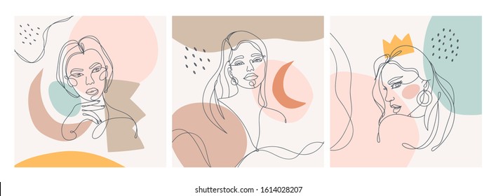 Set of three Modern abstract faces. Contemporary outline female silhouettes. Colored spots. Hand drawn outline trendy vector illustrations. Continuous line, minimalistic concept. Pastel colors