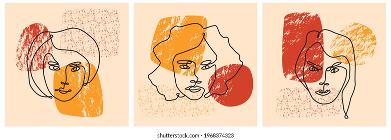 Set von drei modernen abstrakten Gesichter. Zeitgenössische weibliche Silhouetten. Handgezeichnete Outline-Vektorgrafiken. Kontinuierliches, minimalistisches Konzept. 