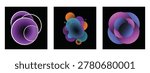 A set of three modern abstract posters (image_0.png) featuring glowing, translucent shapes and circles against deep black backgrounds. From left to right: (1) Overlapping purple circles defined by a bright white ring. (2) A complex fluid gradient blob of turquoise, orange, and purple elements. (3) A spherical cluster of overlapping, gradient-filled purple and blue-magenta orbs. Perfect for futuristic designs, music covers, and branding.