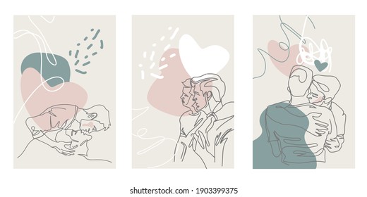 Conjunto de tres afiches abstractos modernos con pareja gay. Siluetas de hombre de contorno contemporáneo. Manchas de color. Ilustraciones vectoriales de diseño de contorno a mano. Línea continua, concepto minimalista. Pastel