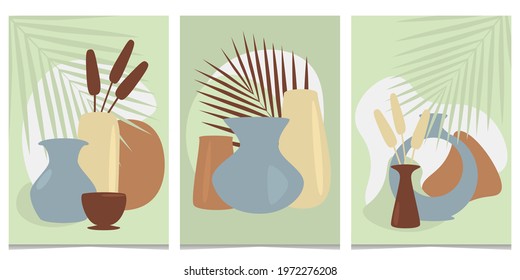Set of three modern abstract posters. Illustrations for the interior. Vases of different colors and sizes. Simple flat vector illustration in green colors.