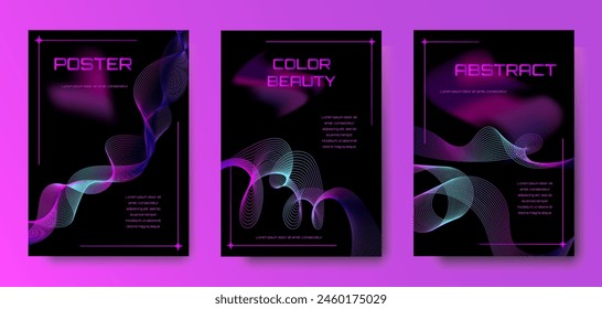 set of three modern abstract posters with neon wavy lines on a dark background