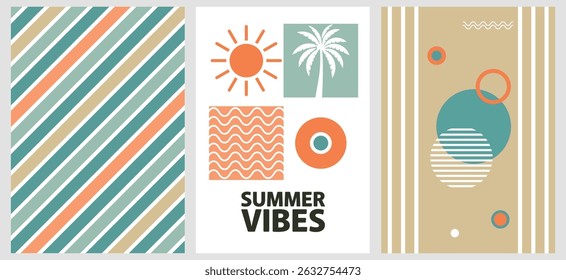 Set of three modern abstract summer vibes posters. Vector illustration set is perfect for summer promotion, social media, print, and decorative purposes.
