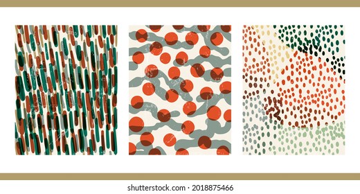 Set of three modern aesthetic abstract posters. Minimalistic posters for social media, web design. Illustration with geometric shapes, watercolors, brush strokes, grunge texture, smooth lines.