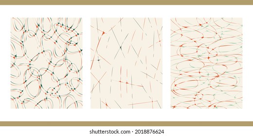 Set of three modern aesthetic abstract posters. Minimalistic posters for social networks, web design. Illustration with geometric shapes, watercolor, grunge texture, flowing thin lines.