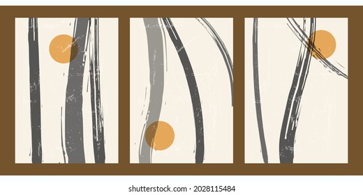 Set of three modern aesthetic abstract posters. Minimalistic posters for social networks, web design. Illustration with brush strokes, watercolors, splashes and grunge texture, flowing lines.